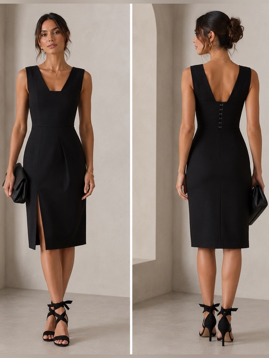 Lewit Dresses & Skirts - Lewit Black Wool Corset Back Sheath Dress Size 6 Square Neck Midi Slit